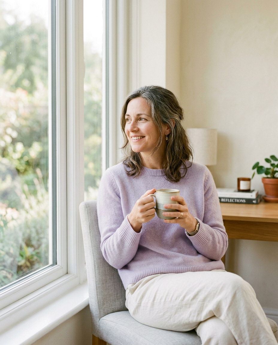 Une personne souriante regarde par la fenêtre en tenant une tasse, lumière du matin.