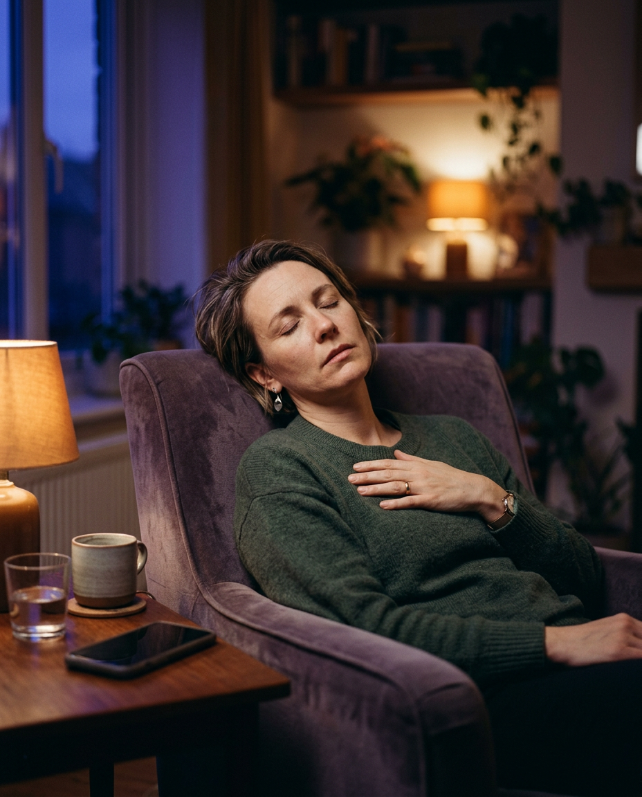 Une personne se repose, les yeux fermés, dans un fauteuil en fin de journée, lumière de lampe chaude.