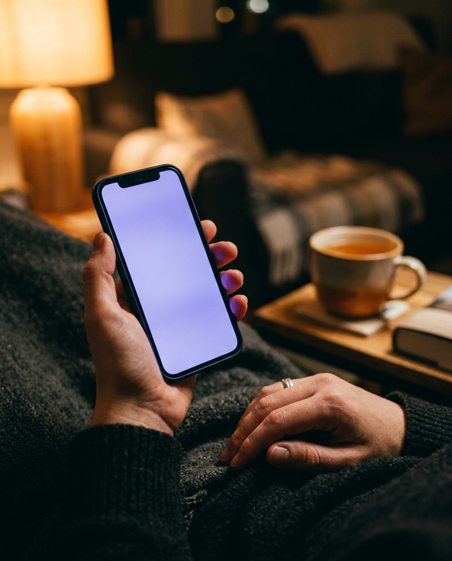 Des mains tiennent un téléphone le soir, lumière douce d'une lampe.